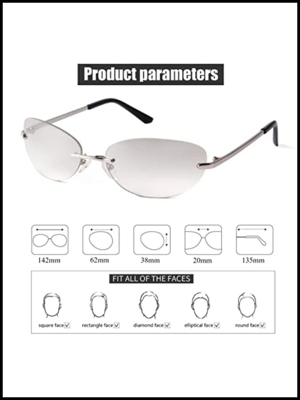 Y2K Vintage Rimless Oval Sunglasses UV400 Rectangle Retro Cool Shades